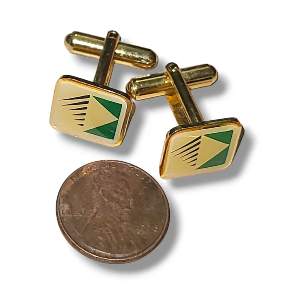 Vintage Gold Tone Green Cream Enamel Geometric Cufflinks Men's Retro Mid Century